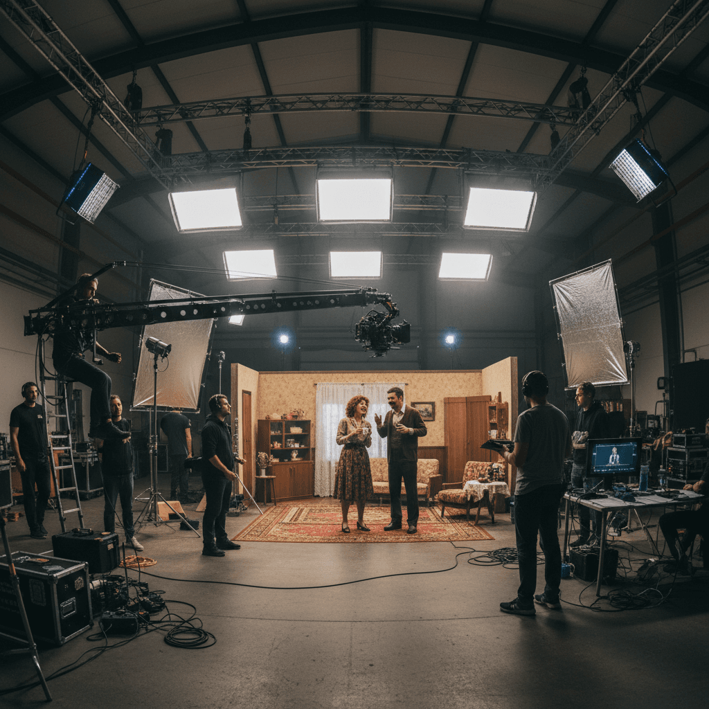 Film crew on set with cameras and equipment — registration page visual