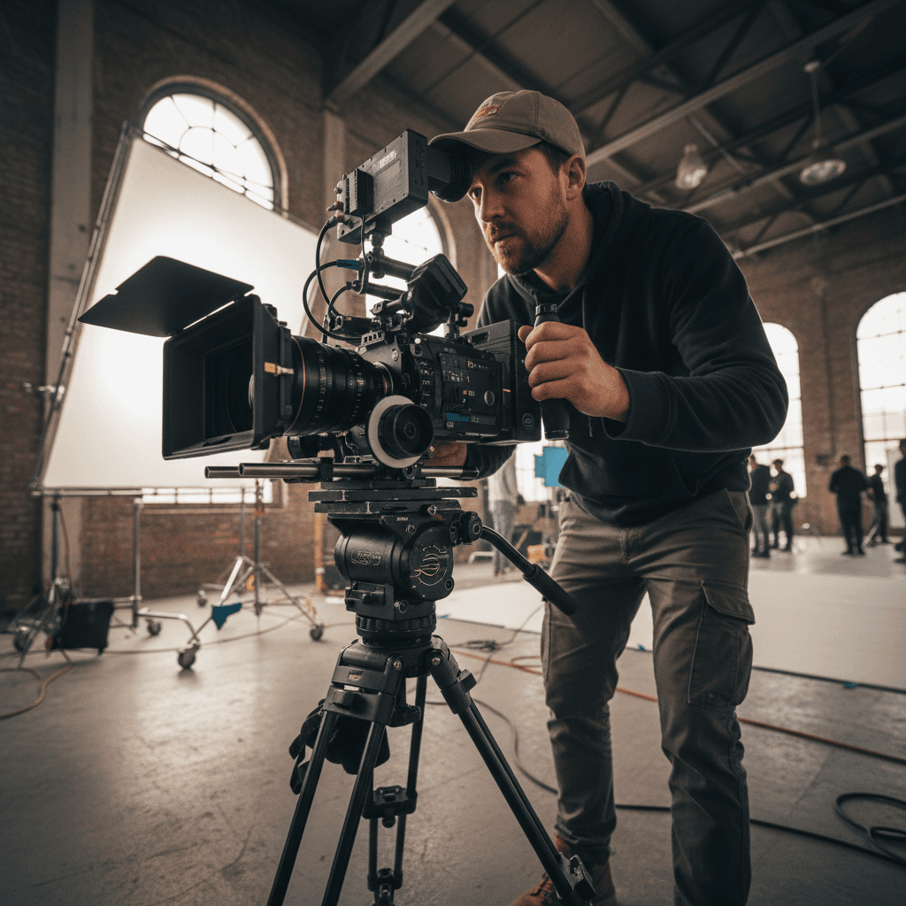 Filmmaker on set with professional cinema camera